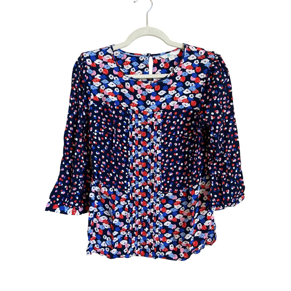 Boden Womens Floral Pintuck Blouse Navy Blue Red White US 8 UK 12